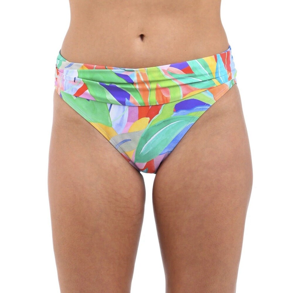 La Blanca Tropi-Flage Shirred Band Hipster Bottom Green Fold Over Size 14 NWT